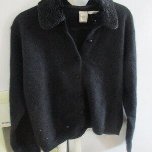 boundary waters vintage black button down cardigan removable fur collar  L